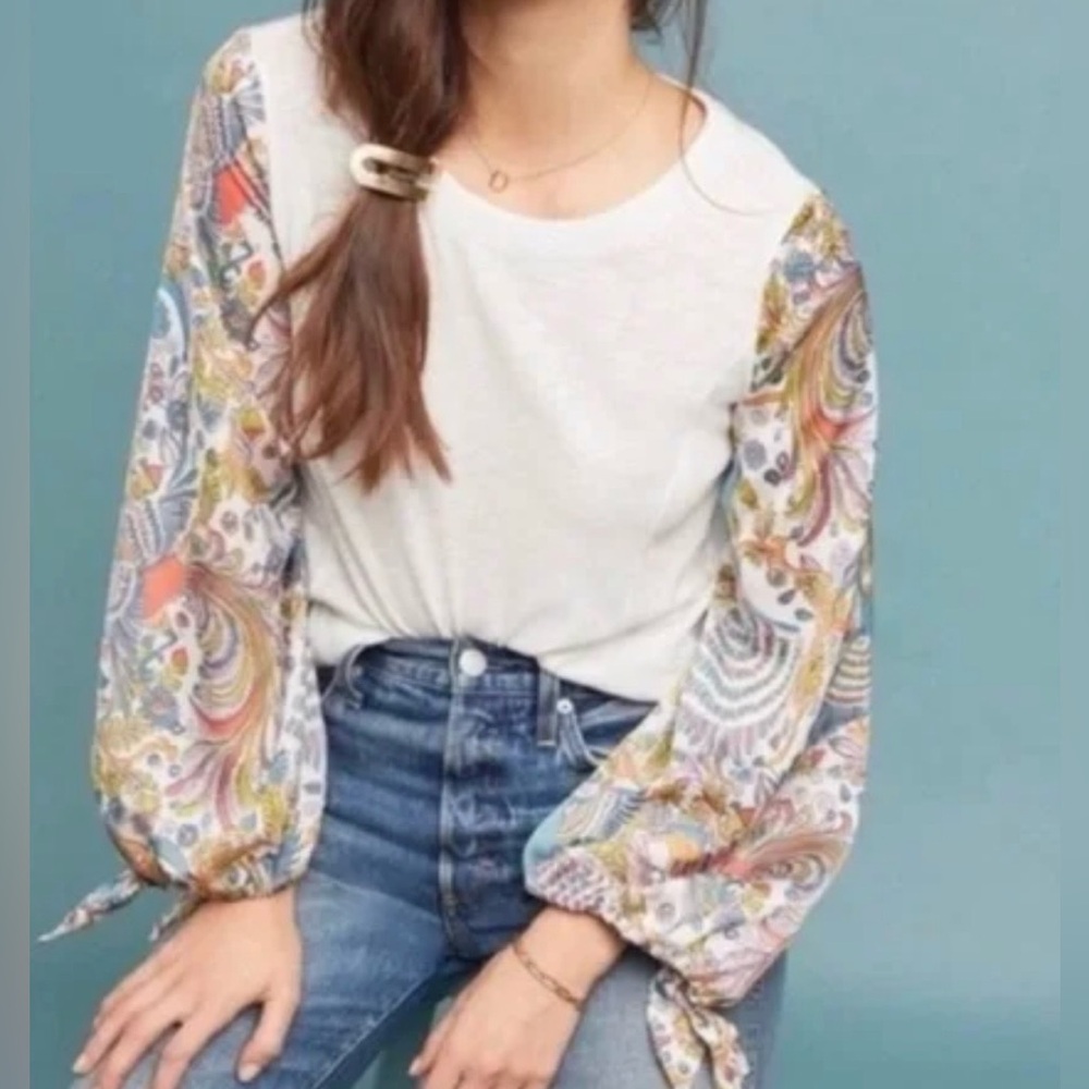 Anthropologie Maybelle Women L White Top with Peacock Tie Puff Sleeves Boho EUC